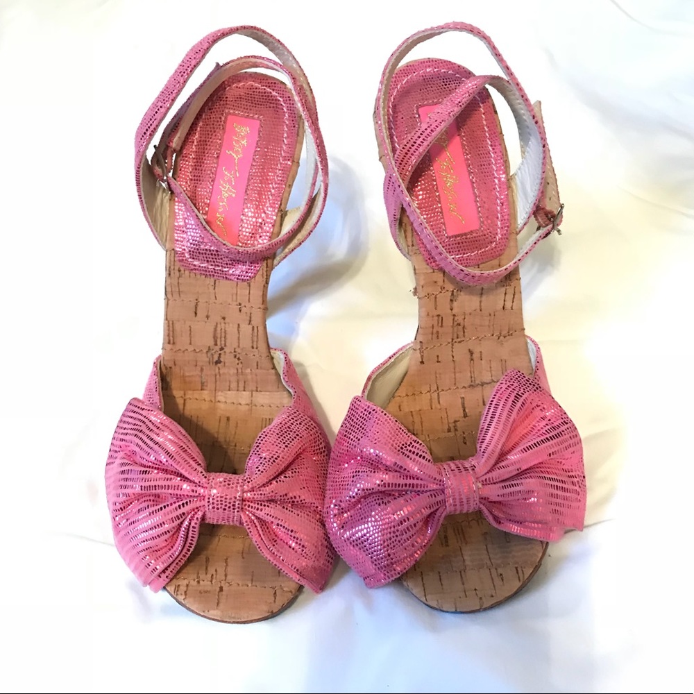 Betsey Johnson Sparkly Pink and Cork Strappy Heels